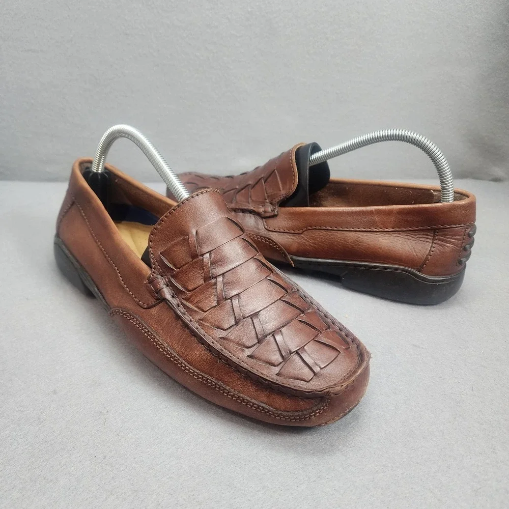 St. Johns Bay Loafers Brown Woven Leather Driving Shoes Mens 9.5 D 016-4005